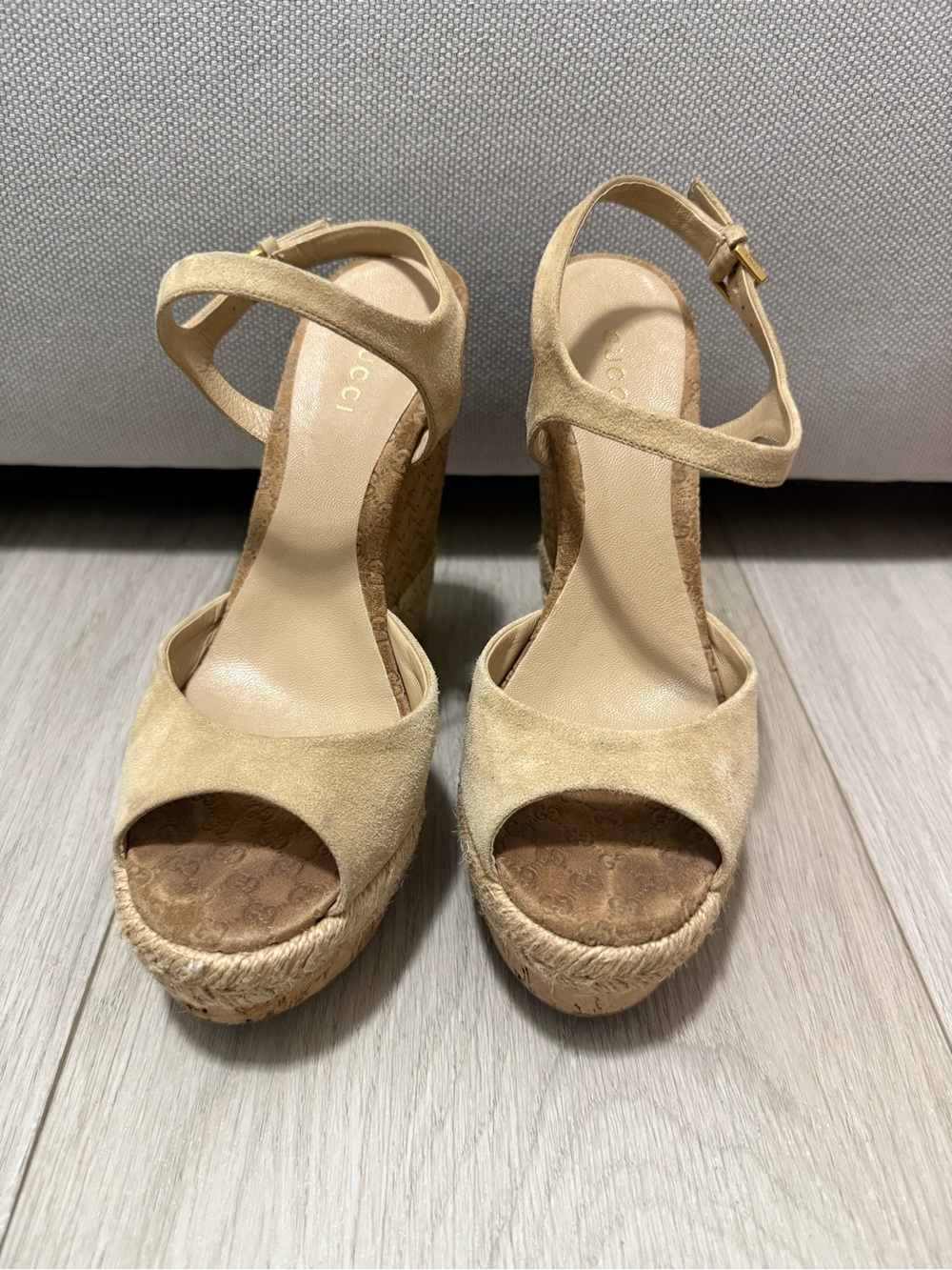 Gucci Tan Suede Espadrille Wedge Sandals